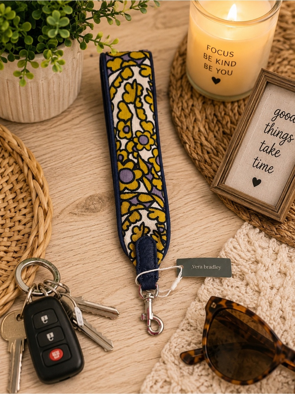 Vera Bradley Floral Wide Keychain Wristlet Strap Mustard Yellow, Cream and  Navy